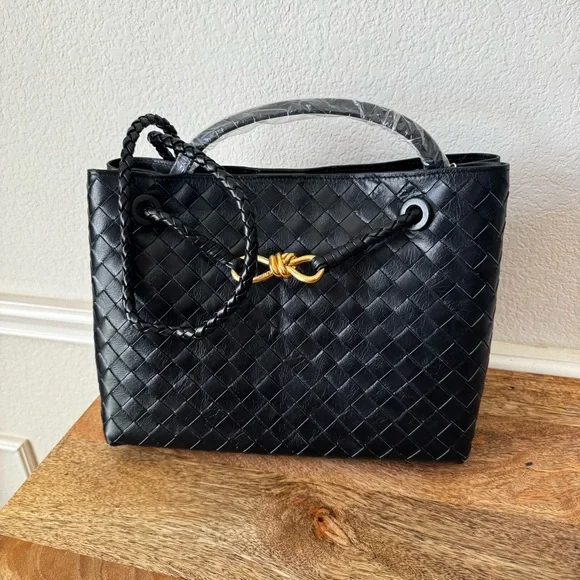 LEATHER INSIDE & OUTBlack Large Intrecciato Woven Braided Tote Structured Bag